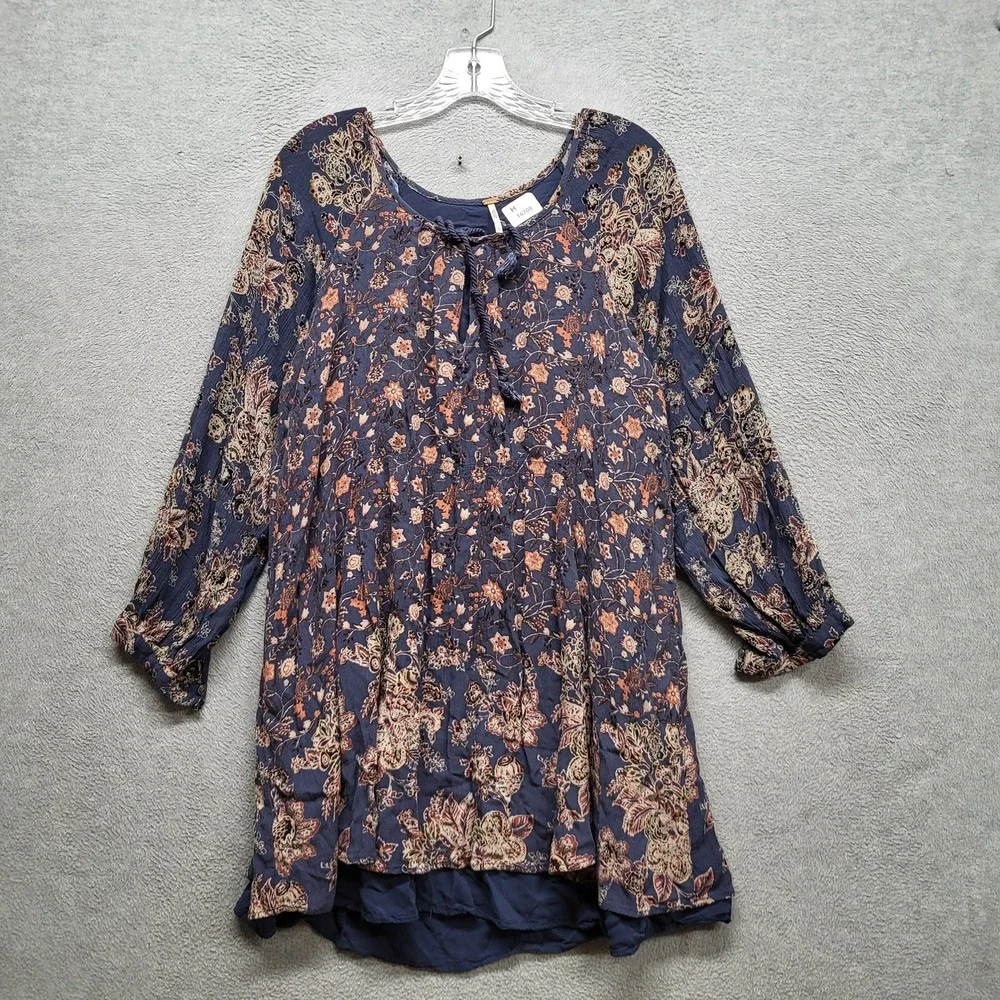 Free People Women Dress L Navy Floral Lucky Loosie Swing Boho‎ Scoop Neck